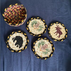 Rustic Jute Braided Coaster Set w/ Holder – Moose, Bear & Pinecone Lodge Decor